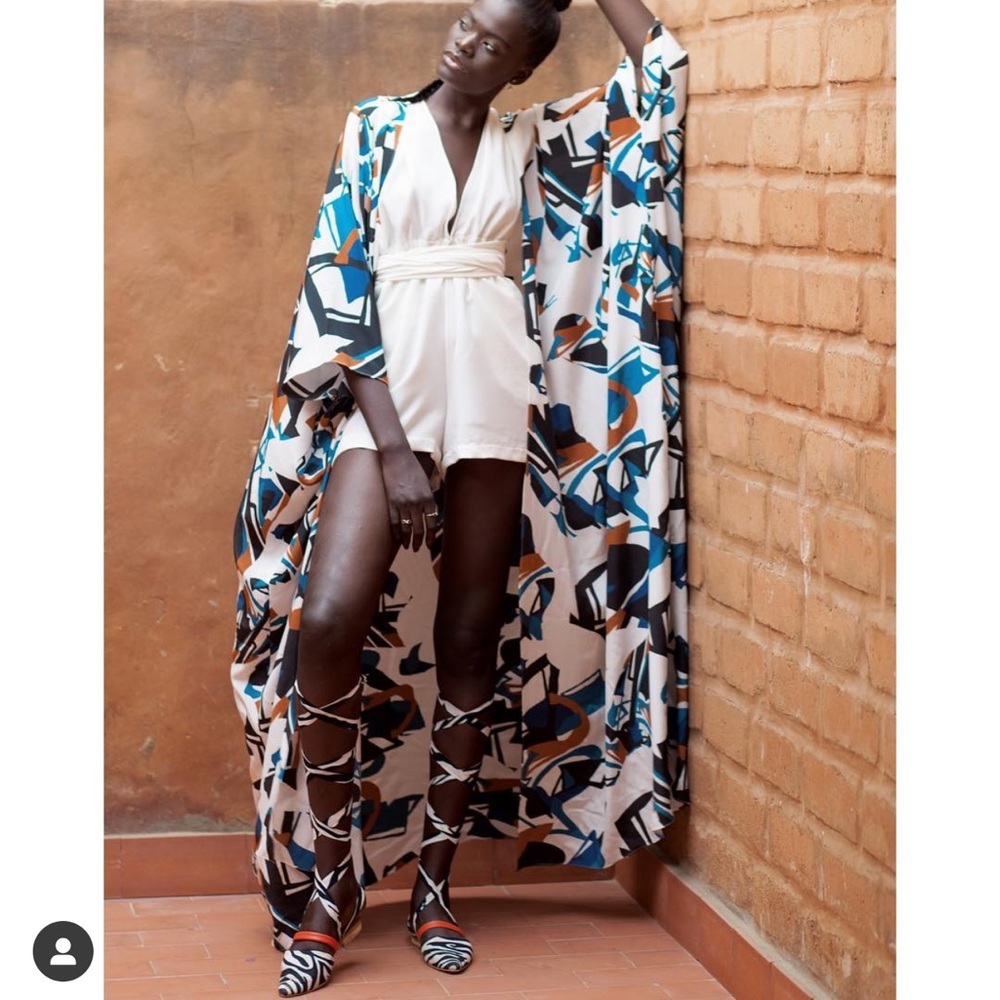 Printed Maxi Kimono Dress in White with Blue & Brown Abstract Print